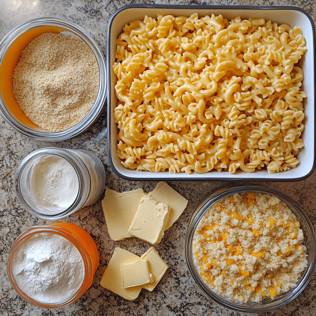 Ingredients for baked mac and cheese including pasta, milk, cheddar, mozzarella, and breadcrumbs
