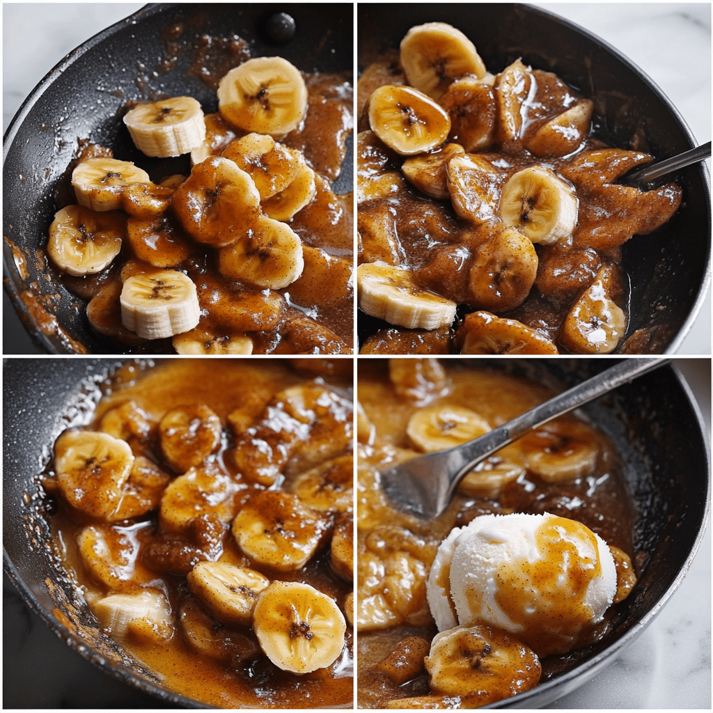 Four-panel collage showing making caramel sauce, cooking bananas, and serving bananas foster over ice cream