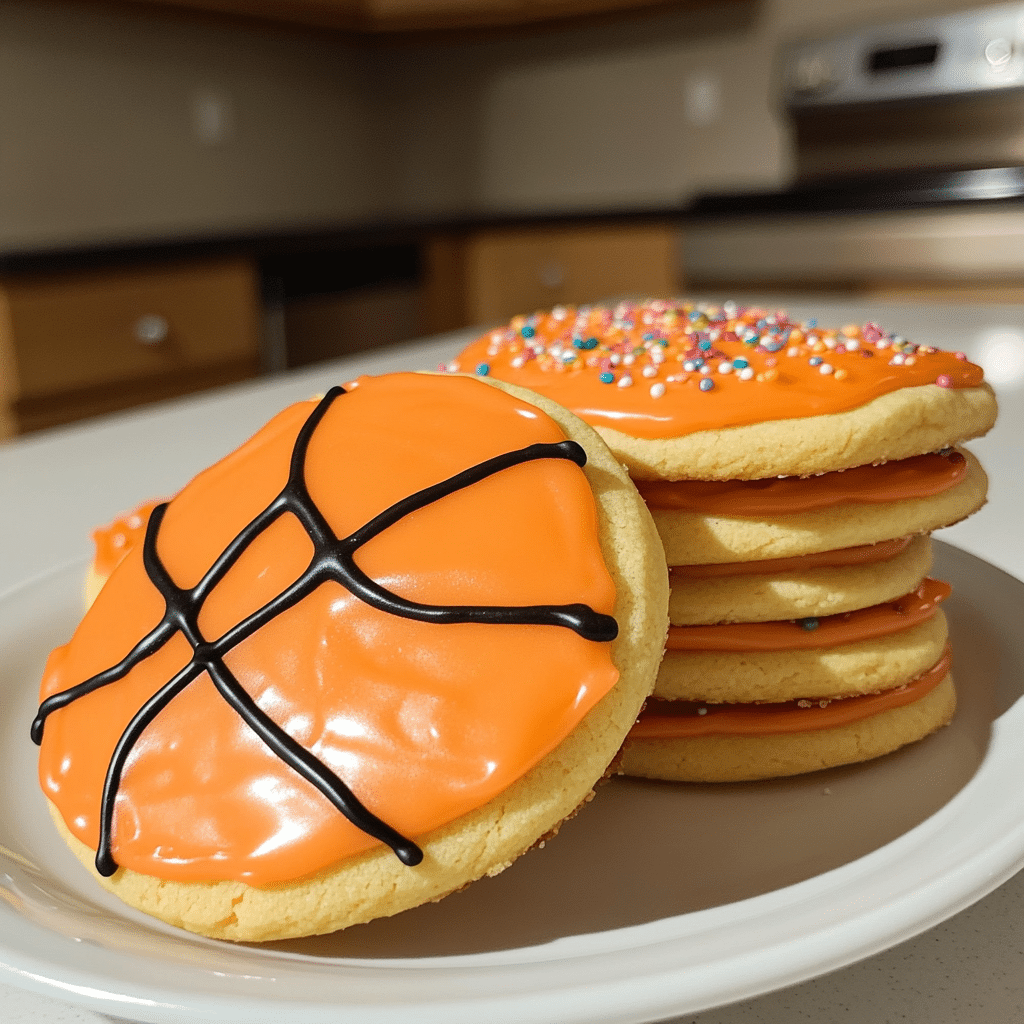 Basketball shaped decorated sugar cookies with orange icing and black lines