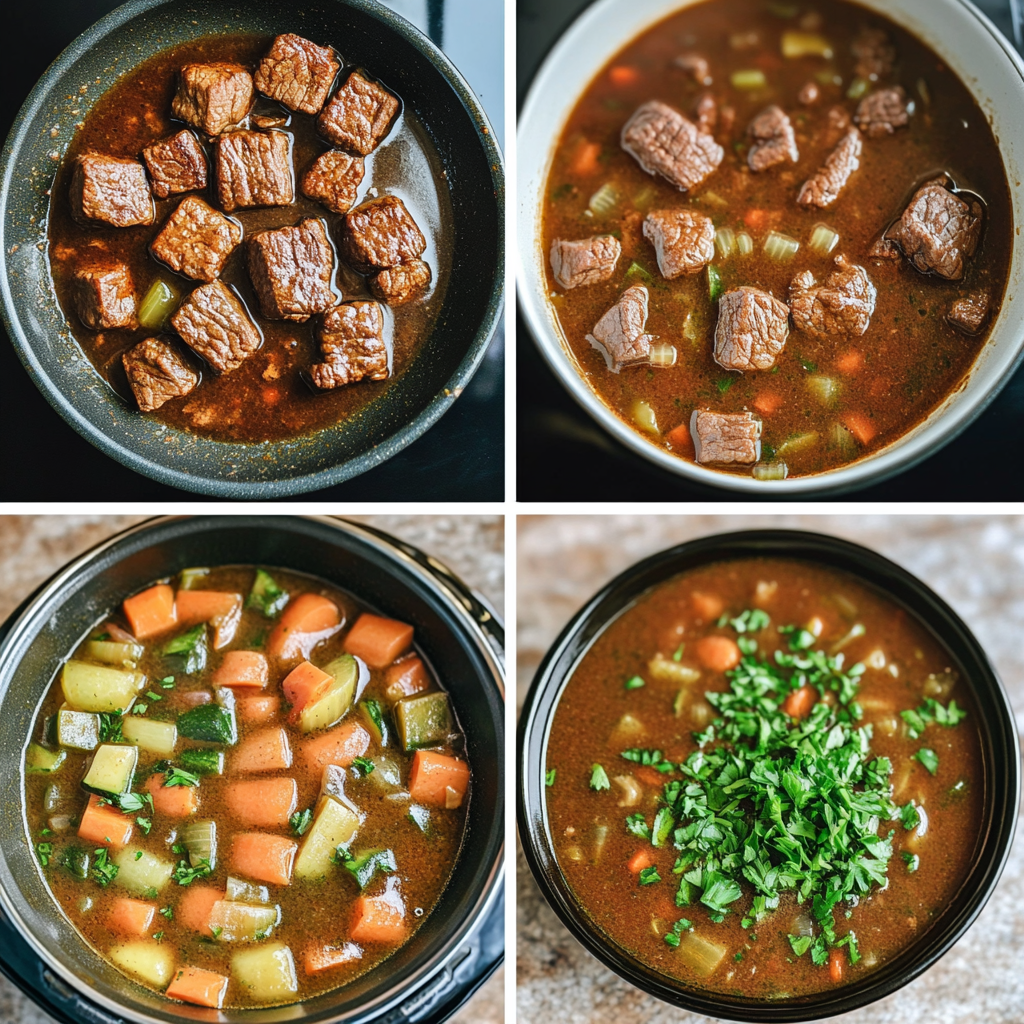 Four-step collage showing searing beef, slow cooker setup, adding broth, and finished stew