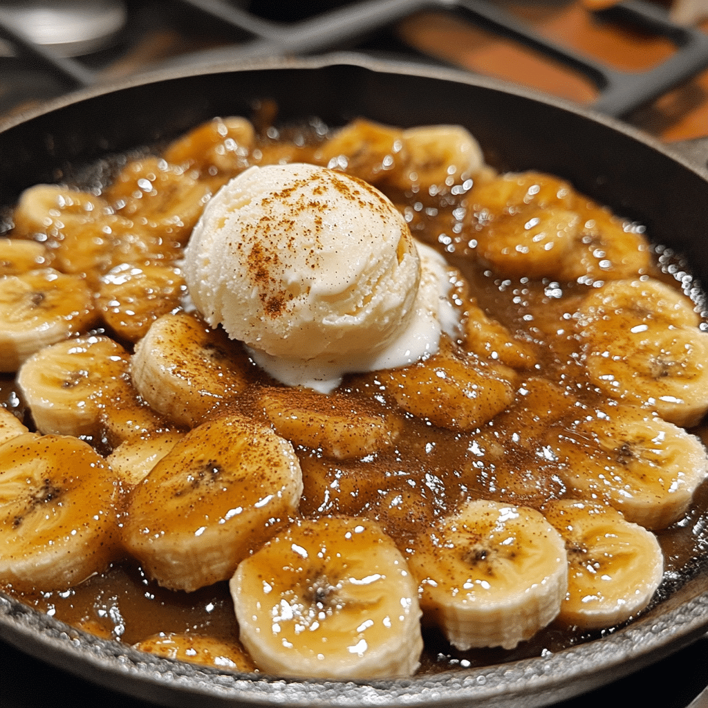 Bananas foster in a skillet with caramel sauce and vanilla ice cream