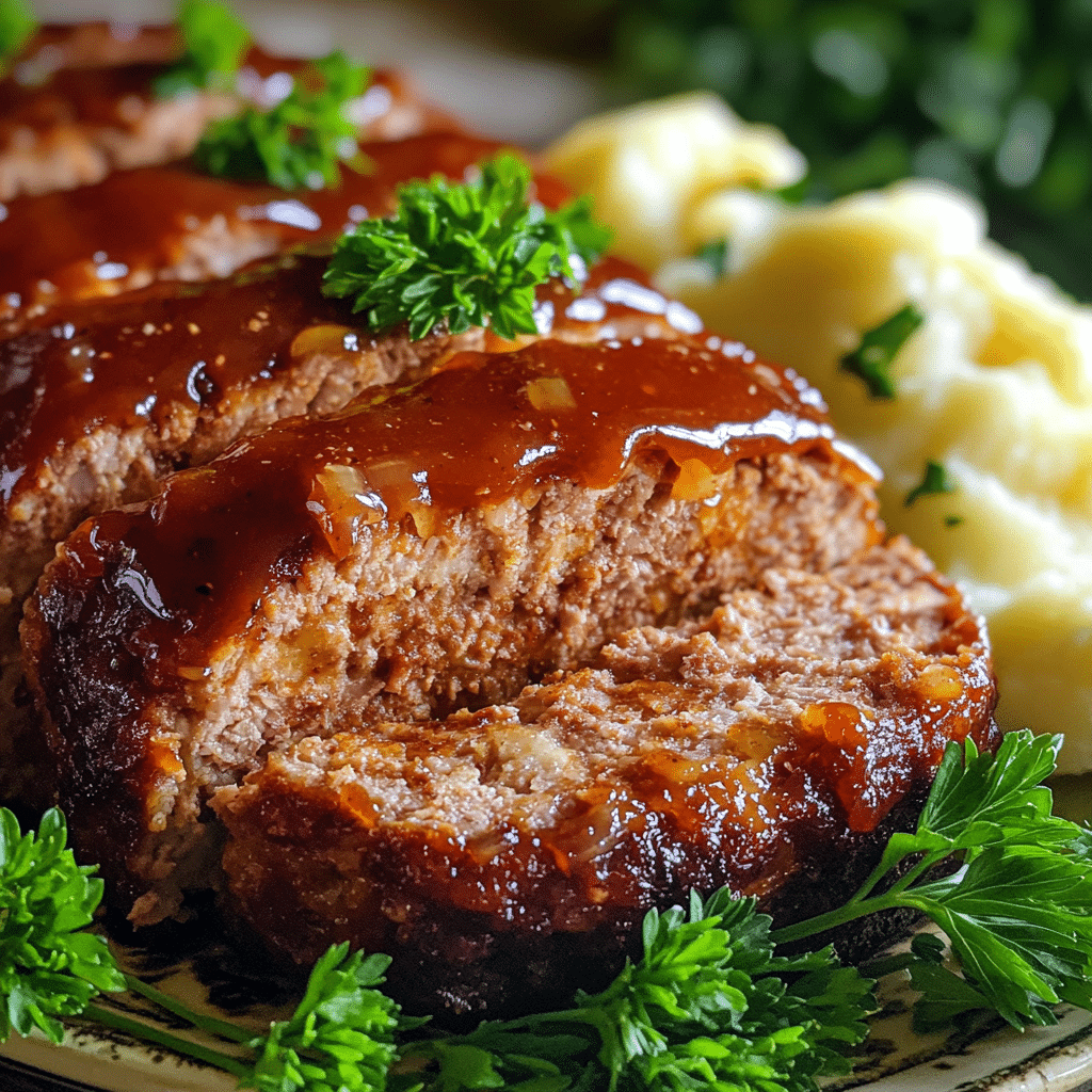 Sliced meatloaf with glossy glaze on a platter beside mashed potatoes