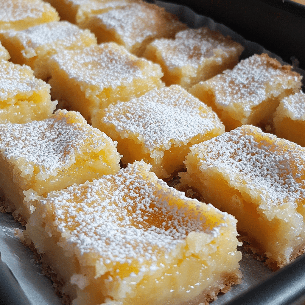 Lemon bars cut into squares with powdered sugar on top, showing buttery crust and lemon filling
