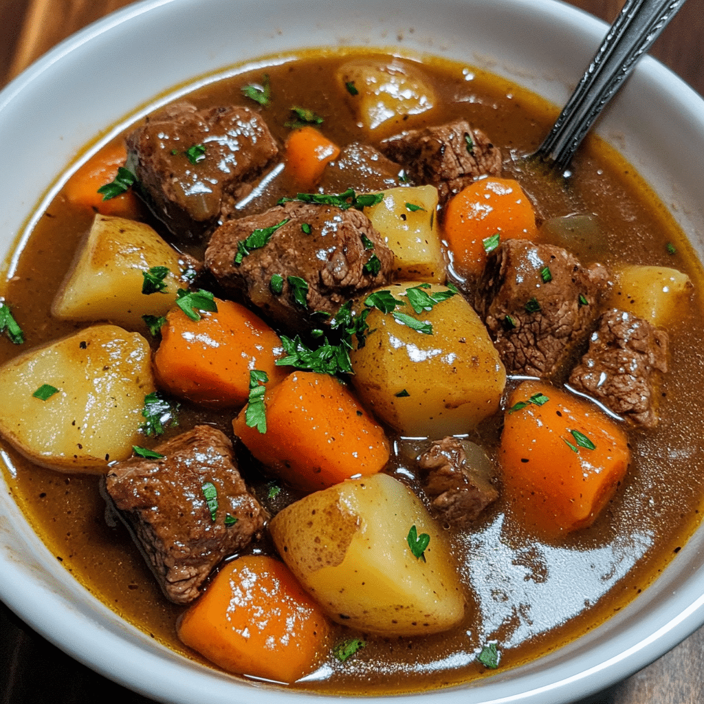 Bowl of beef stew with beef chunks, carrots, potatoes, and thick gravy