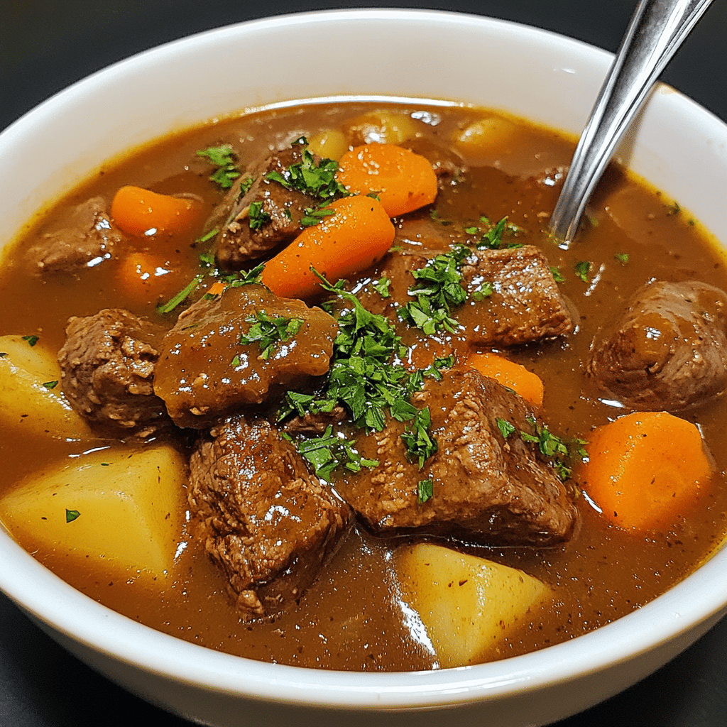 Bowl of beef stew with beef chunks, carrots, potatoes, and thick gravy