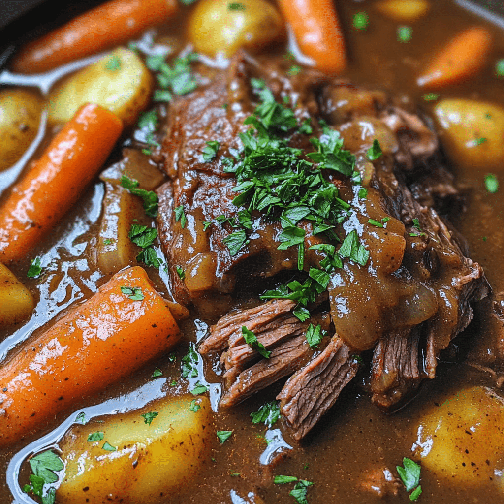 Slow cooker pot roast with carrots and potatoes in brown gravy