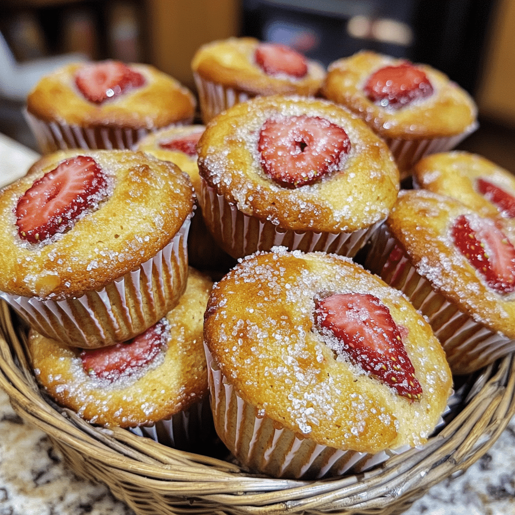 Strawberry muffins with golden tops and strawberry pieces in a basket