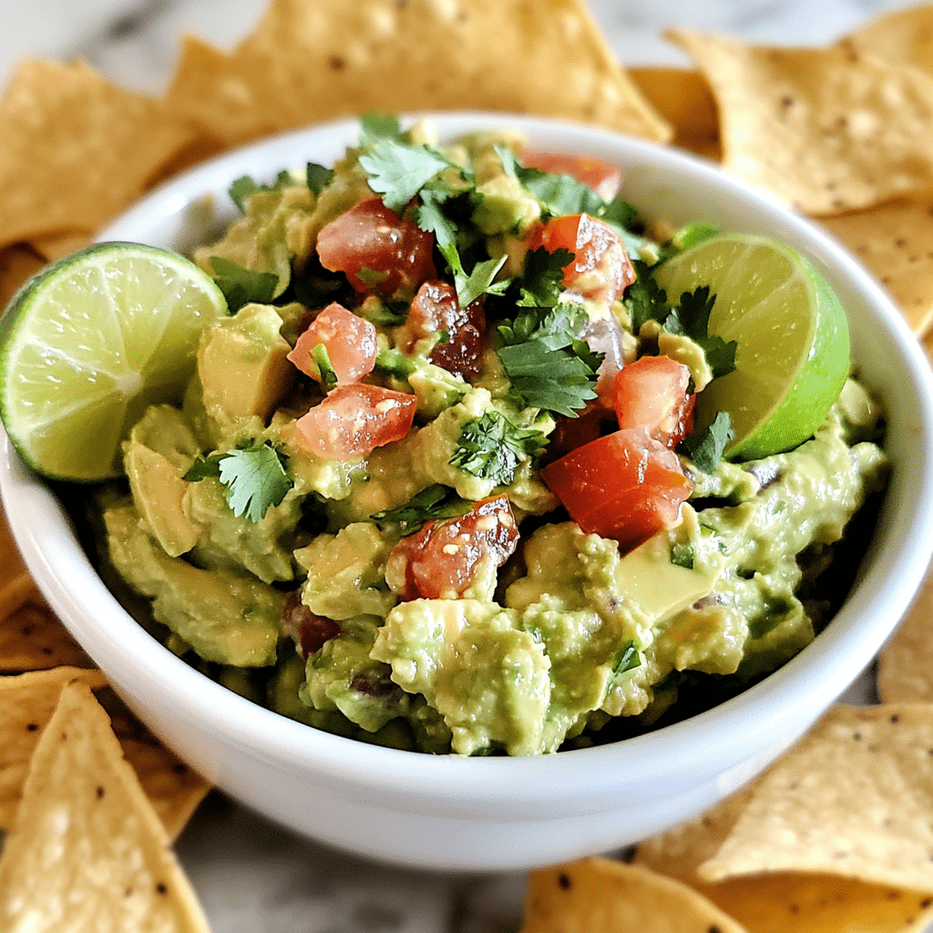 Bowl of guacamole with tortilla chips and lime wedges