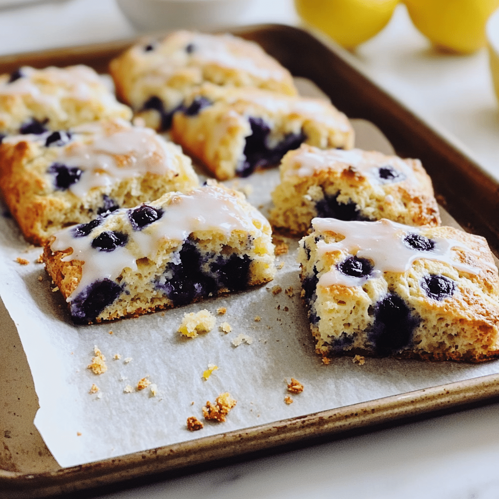 Blueberry sourdough scones on parchment with lemon glaze drizzle