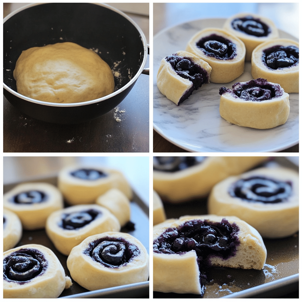 Collage showing mixing dough, cooking blueberry filling, rolling dough, and sliced rolls proofing in a pan