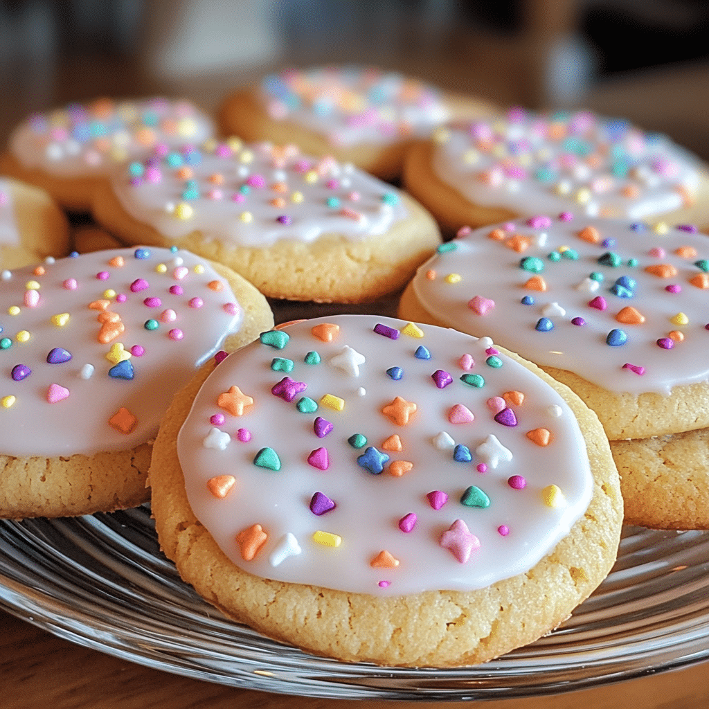 Sugar cookies with pastel icing and sprinkles on a platter