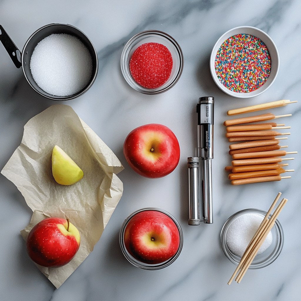 Ingredients for candy apples including apples, sugar, corn syrup, water, food coloring, thermometer, and sticks