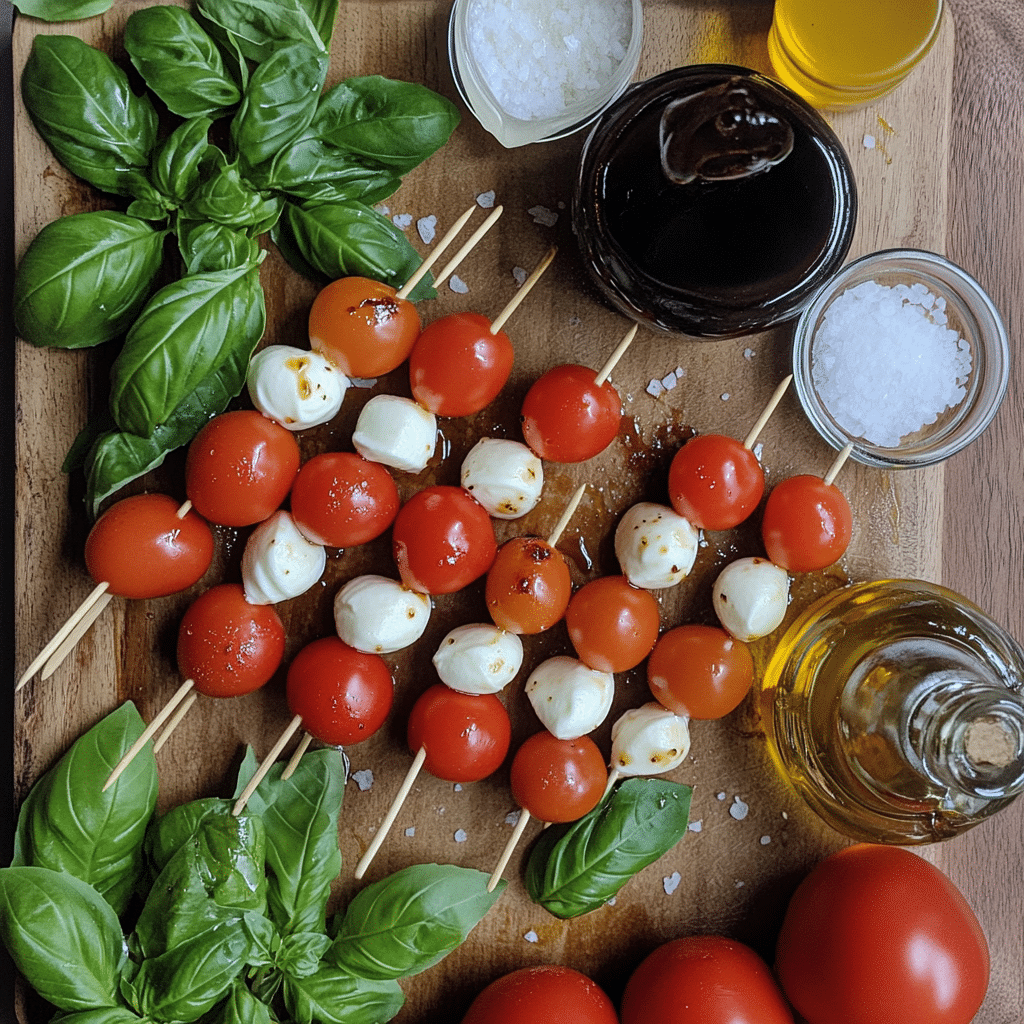 Ingredients for caprese skewers including cherry tomatoes, mozzarella pearls, basil, and balsamic glaze