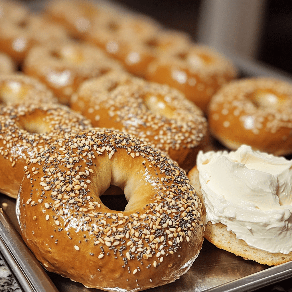 Tray of homemade bagels with sesame and everything seasoning