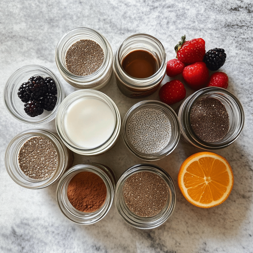 Overhead layout of ingredients for chia seed pudding including chia seeds, milk, vanilla, and sweetener