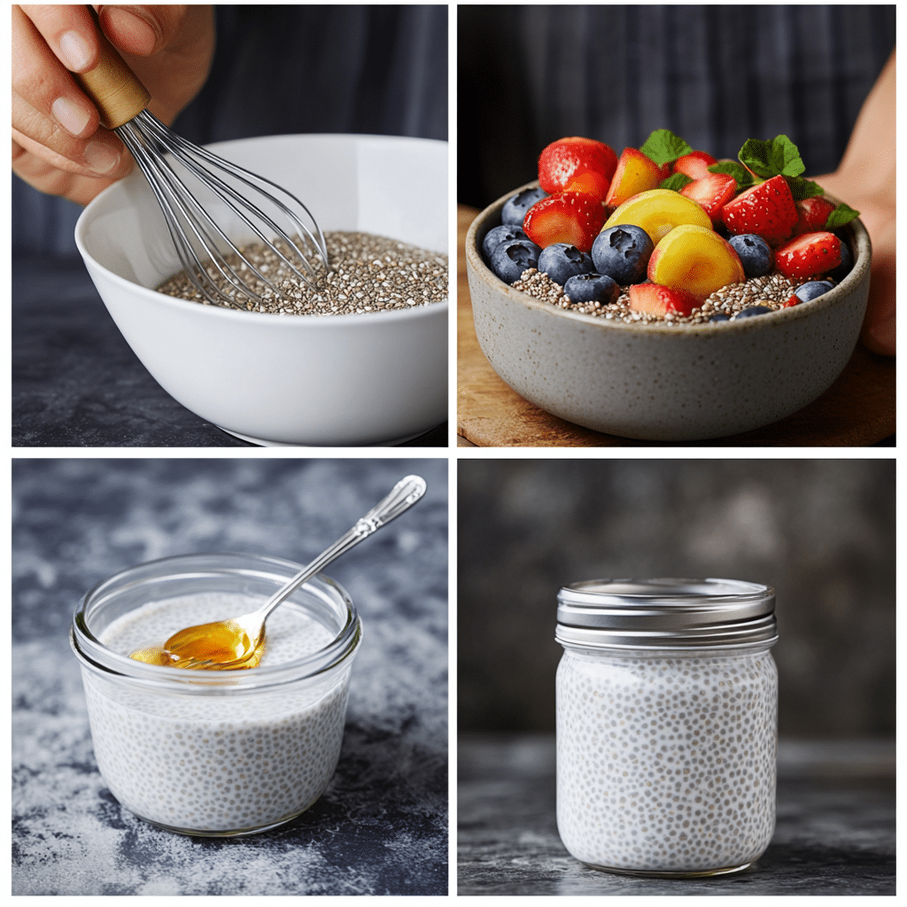 Four-panel collage showing whisking chia into milk, thickening after resting, chilled pudding, and topping with fruit
