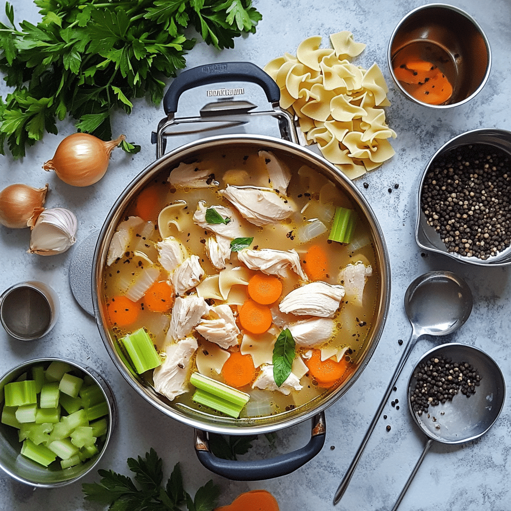 Ingredients for chicken noodle soup including chicken, carrots, celery, broth, and egg noodles