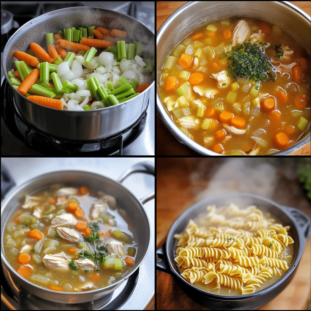 Four-step collage showing sautéing veggies, simmering broth, cooking noodles, and serving soup