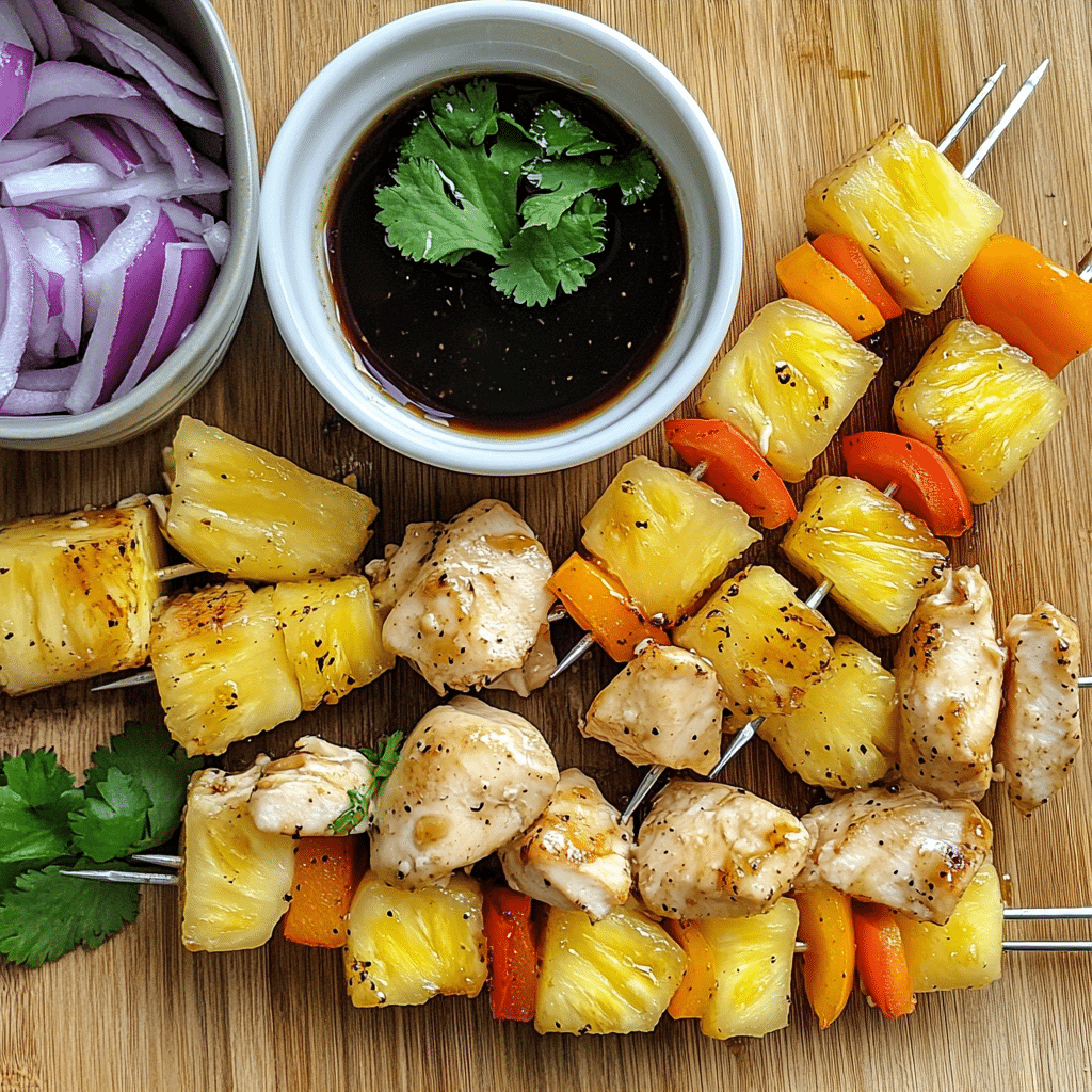 Chicken chunks, pineapple, peppers, onion, and a bowl of marinade for kabobs
