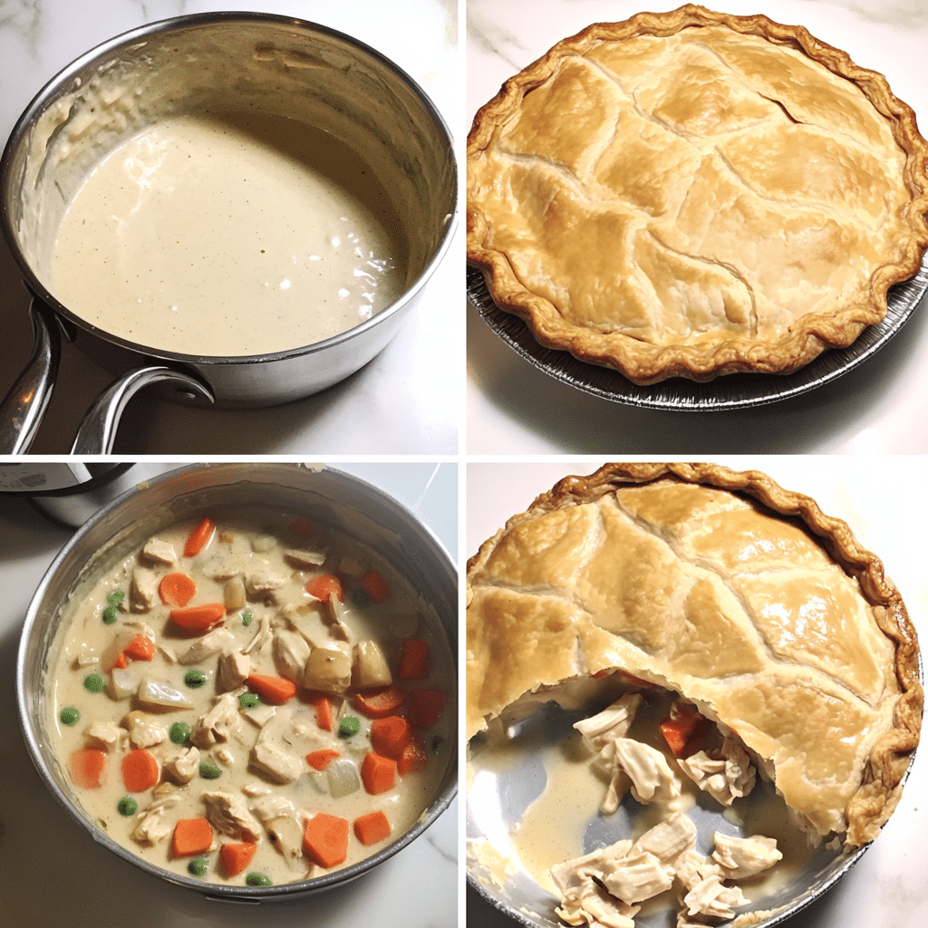 Overhead plate with a slice of chicken pot pie showing creamy filling, next to a small bowl of salad