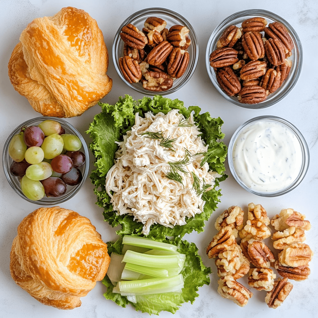 Ingredients for chicken salad croissant sandwiches including cooked chicken, grapes, celery, dressing, and croissants