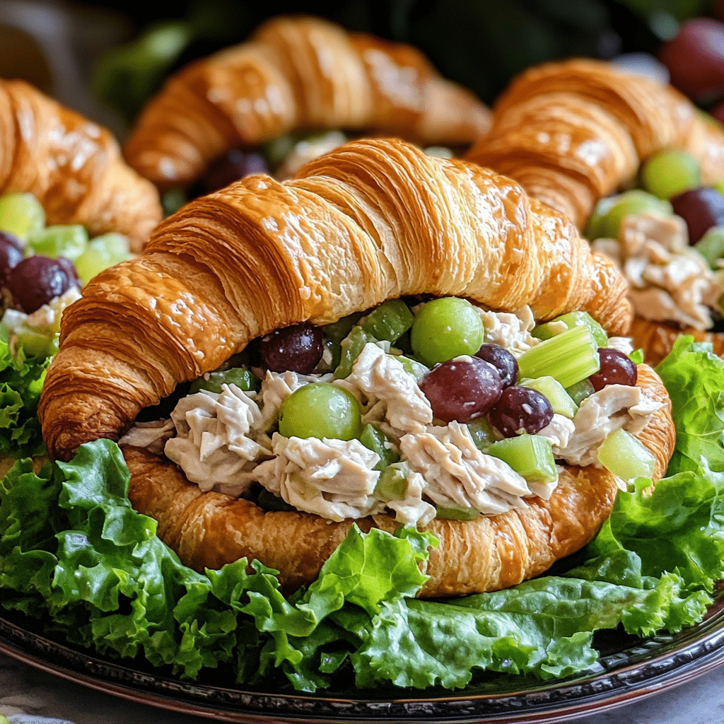 Chicken salad croissant sandwiches with lettuce and creamy filling on a platter
