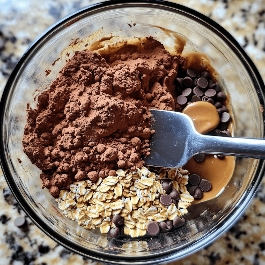 Mixing bowl with oats, cocoa, peanut butter, honey, vanilla, and protein powder, plus mini chocolate chips