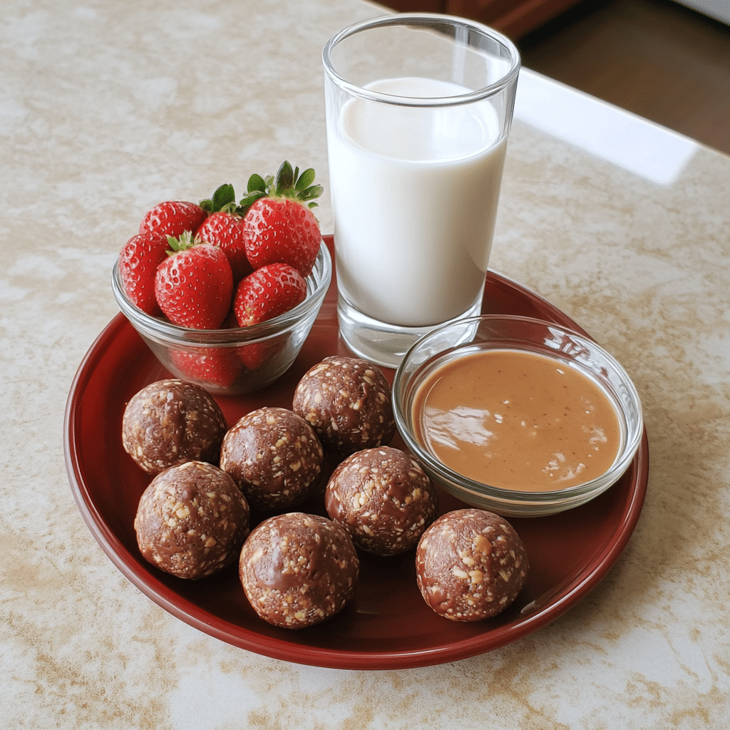 Overhead snack plate with chocolate peanut butter protein balls alongside milk and strawberries