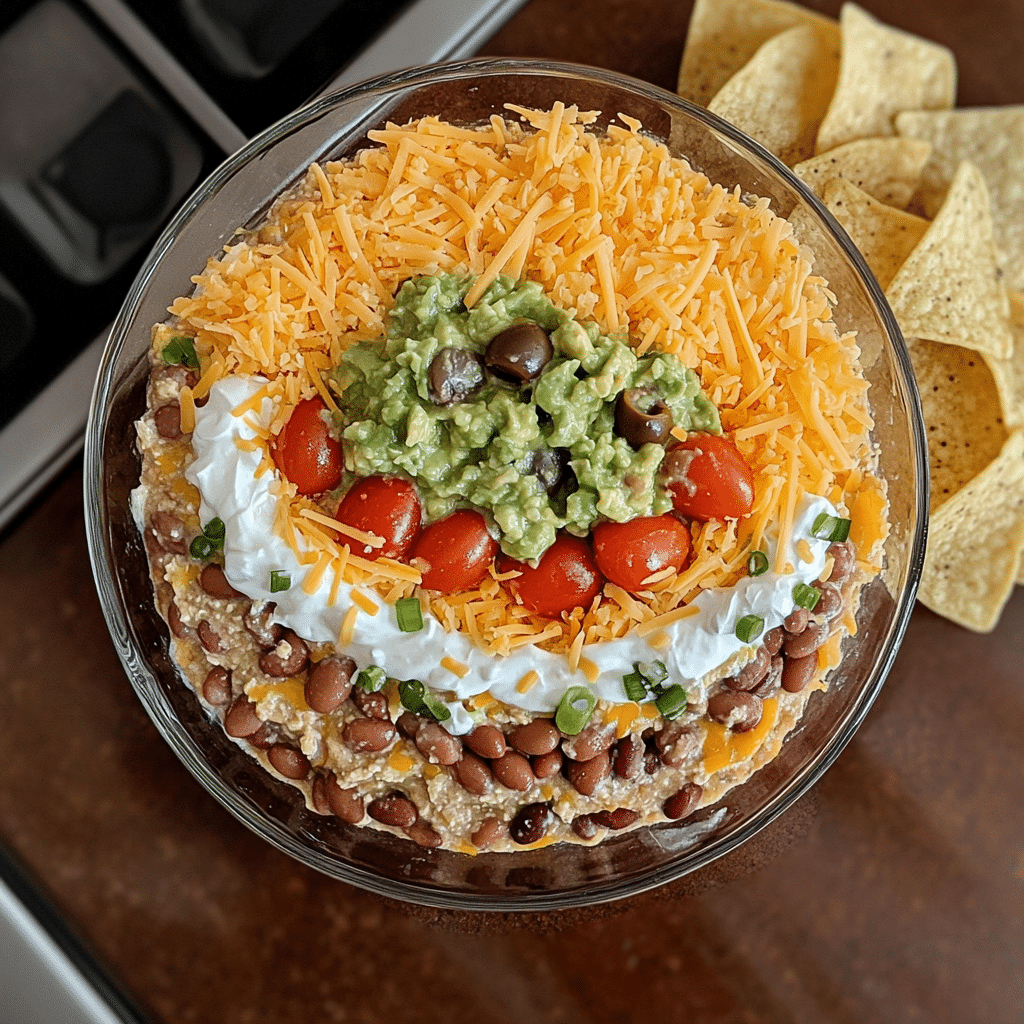 Seven layer dip in a glass dish with tortilla chips