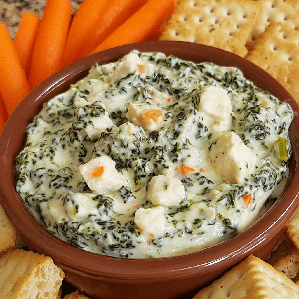 Cold spinach dip with bread cubes and vegetables