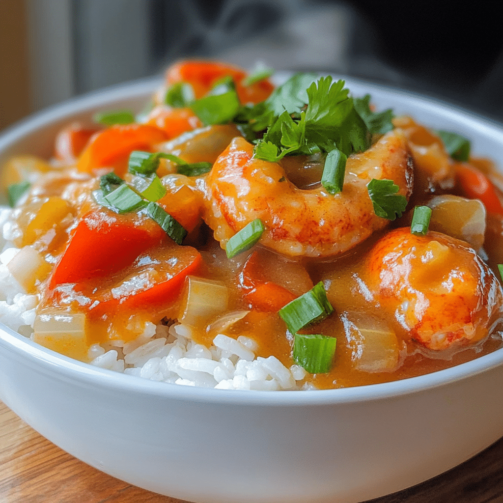 Bowl of crawfish étouffée over rice topped with green onions and parsley