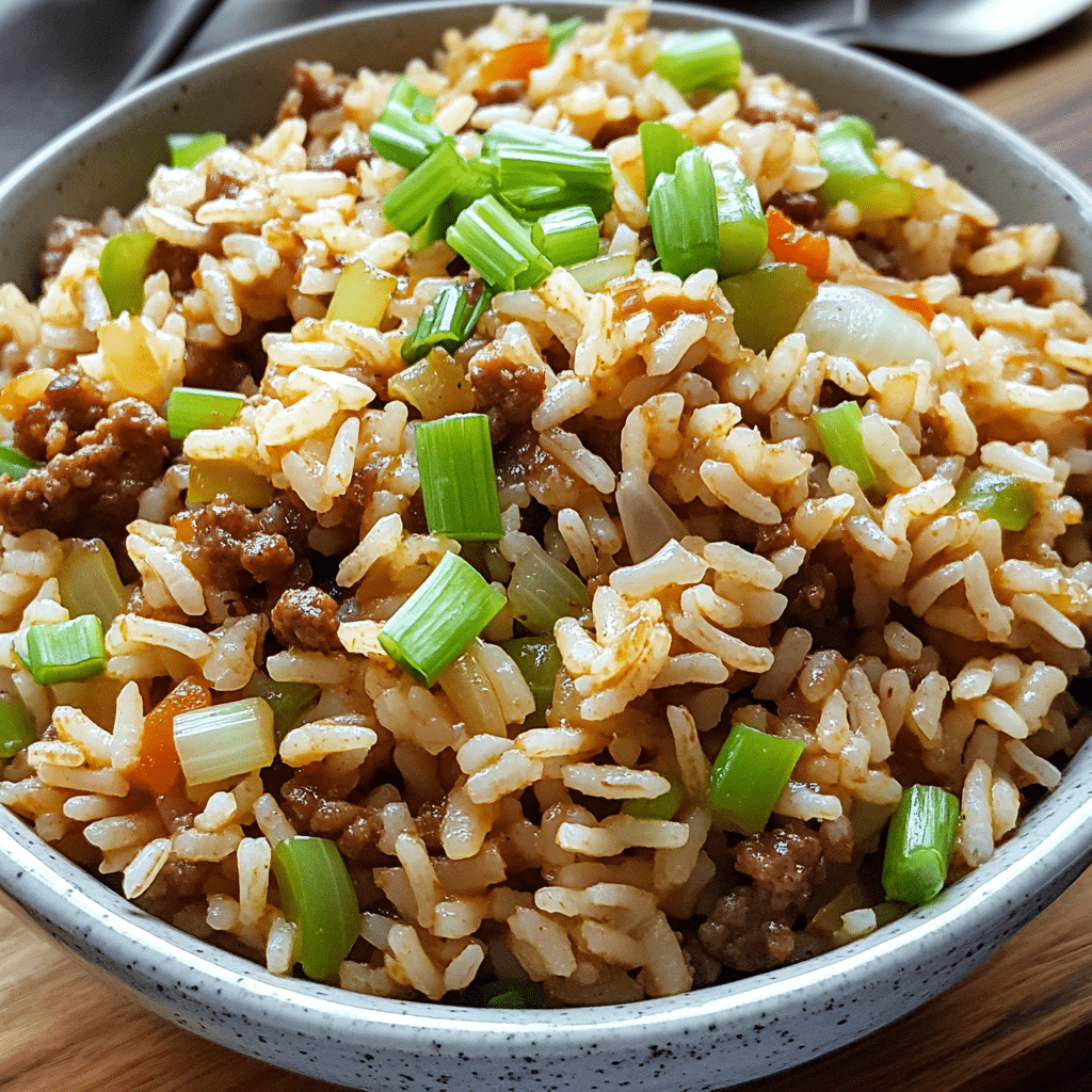 Bowl of dirty rice with browned meat and diced vegetables topped with green onions