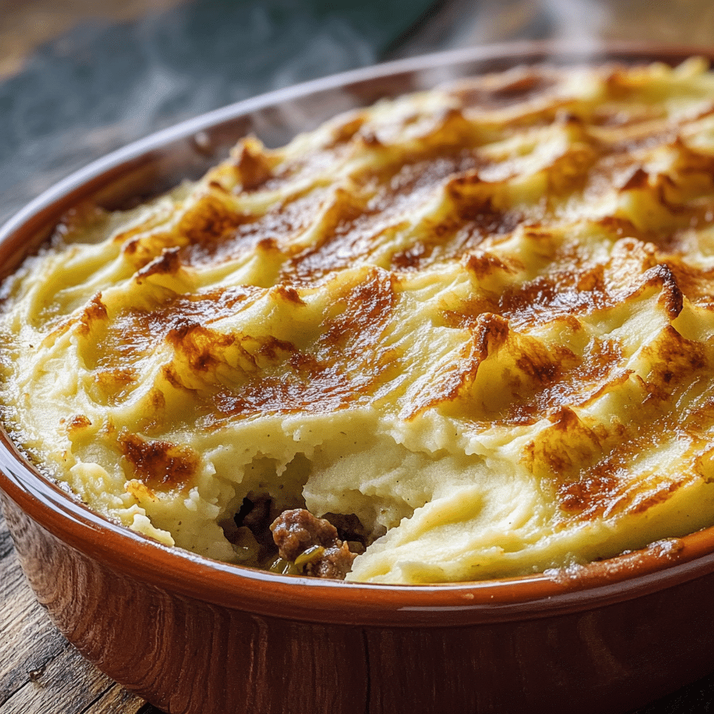 Classic shepherds pie in a casserole dish with golden mashed potato topping and savory filling