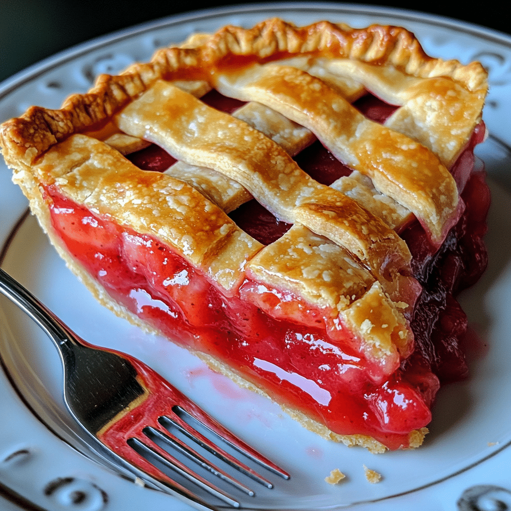 Slice of strawberry rhubarb pie with lattice crust on a plate