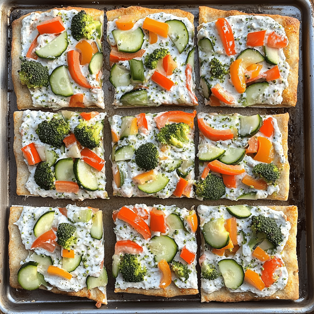 Cold veggie pizza sliced into squares with colorful vegetables on top