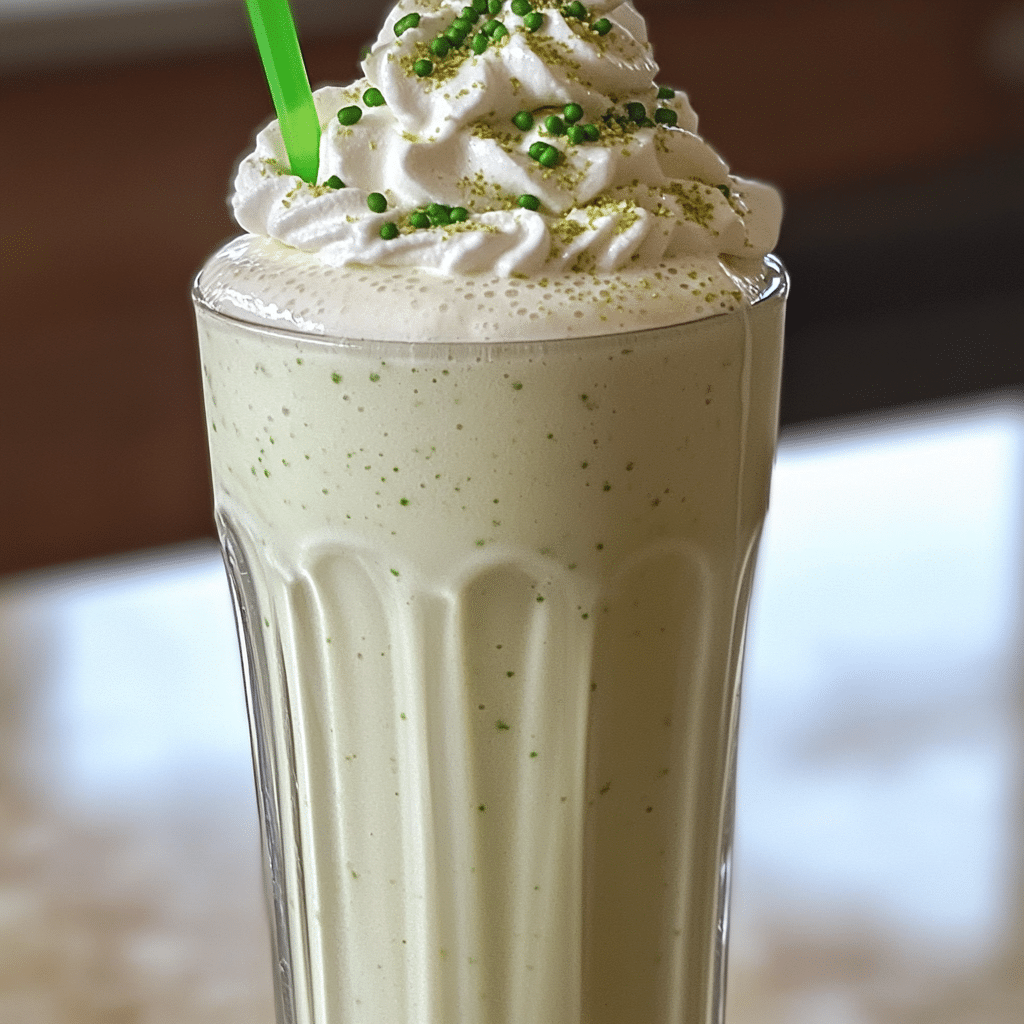 Pale green mint milkshake with whipped cream and sprinkles