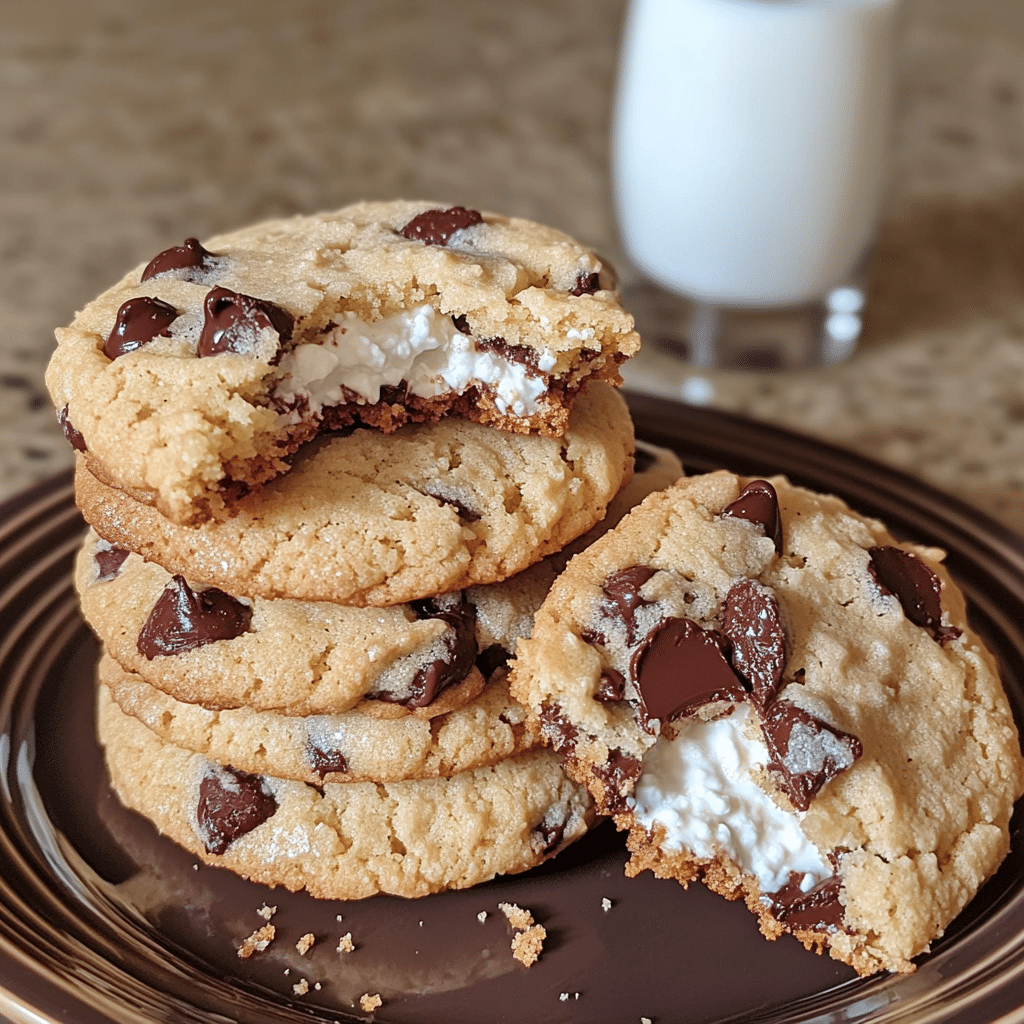 Stack of cottage cheese chocolate chip cookies with melty chocolate chips and a broken cookie showing soft center