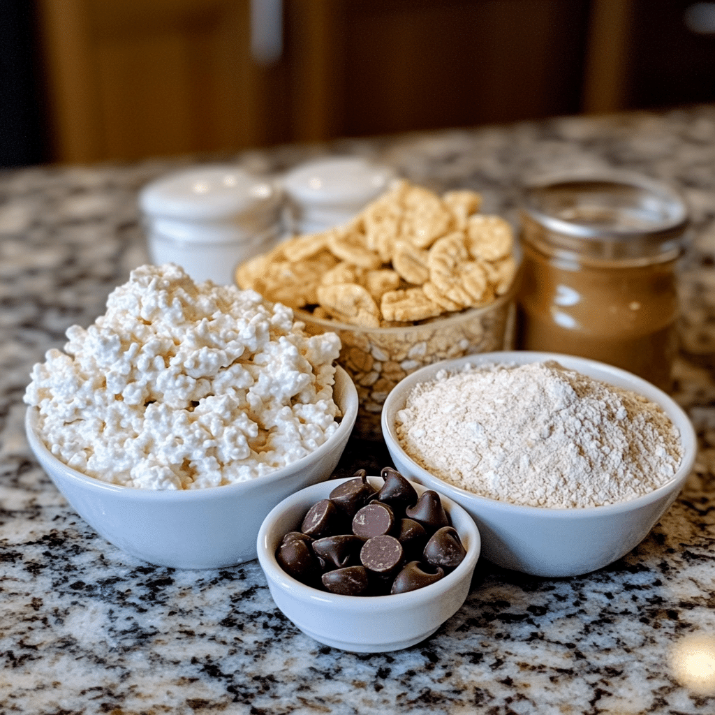 Overhead layout of ingredients for cottage cheese cookie dough including cottage cheese, oat flour, peanut butter, and chocolate chips
