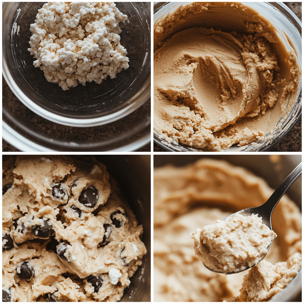 Four-panel collage showing blending cottage cheese, mixing sweeteners, folding in flour and chips, and finished cookie dough