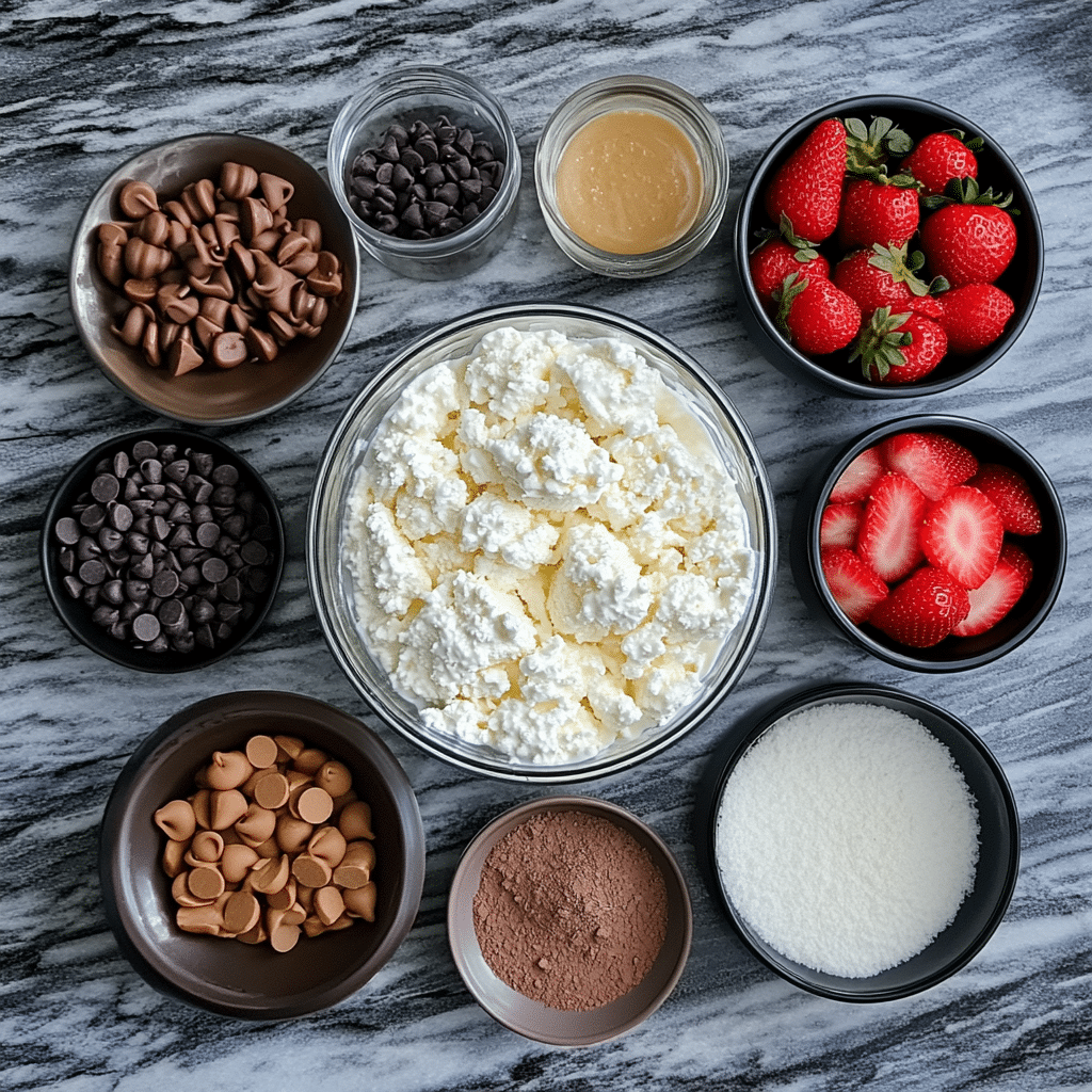 Overhead layout of ingredients for cottage cheese ice cream including cottage cheese, honey, vanilla, and mix-ins