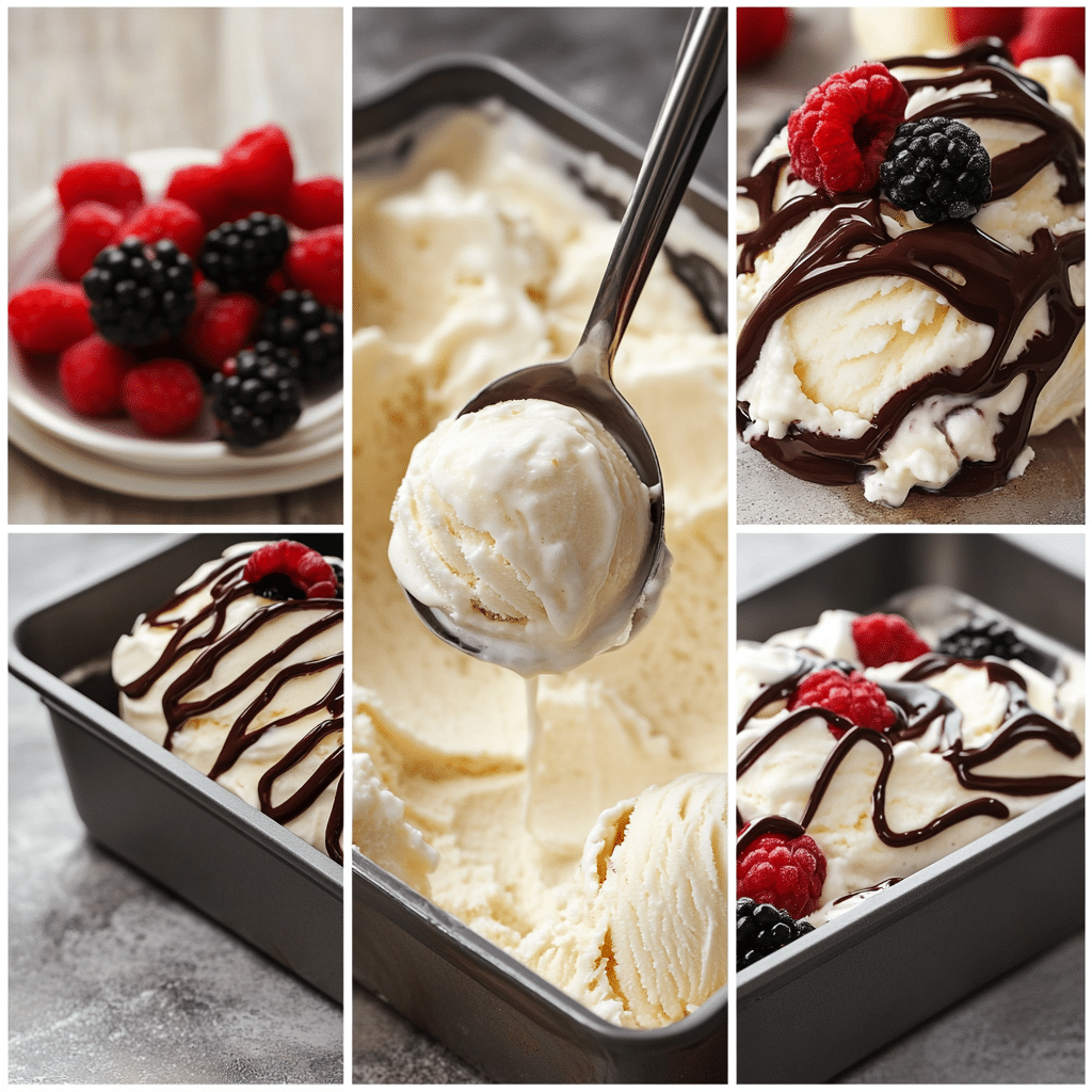 Four-panel collage showing blending base, pouring into pan, scooping frozen ice cream, and serving with toppings