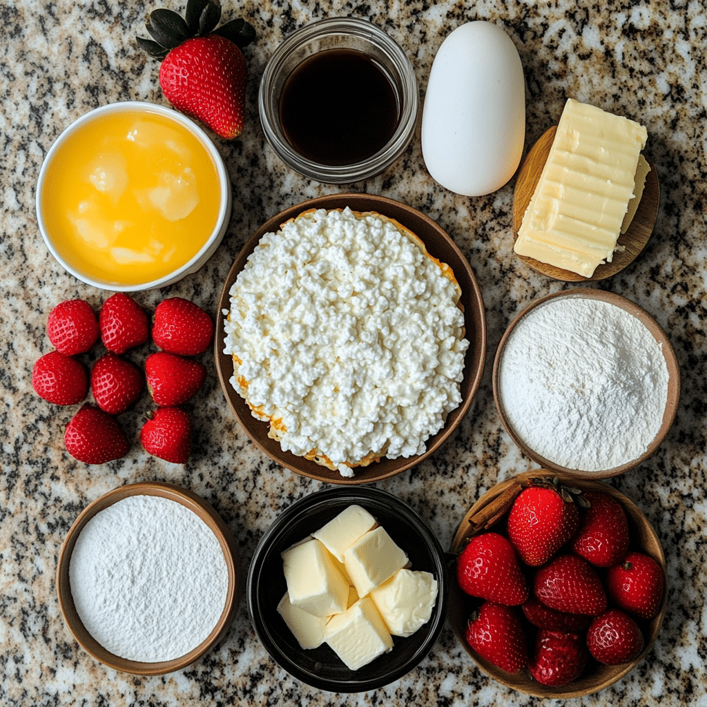 Overhead layout of ingredients for cottage cheese pancakes including cottage cheese, eggs, flour, and baking powder