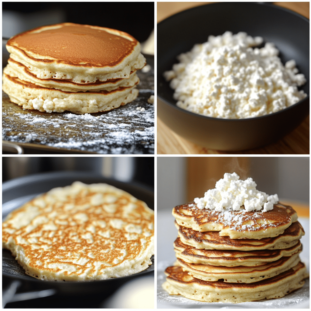 Four-panel collage showing blending batter, cooking pancakes on griddle, flipping, and serving with toppings