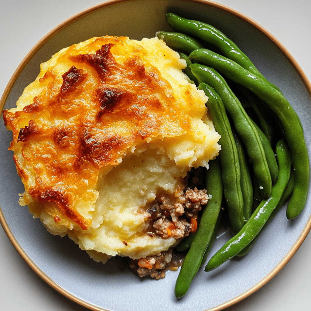 Overhead plate with a serving of cottage pie and green beans on the side