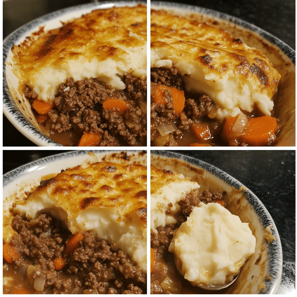 Four-panel collage of cooking beef filling, thickening gravy, assembling with mashed potatoes, and serving the baked cottage pie