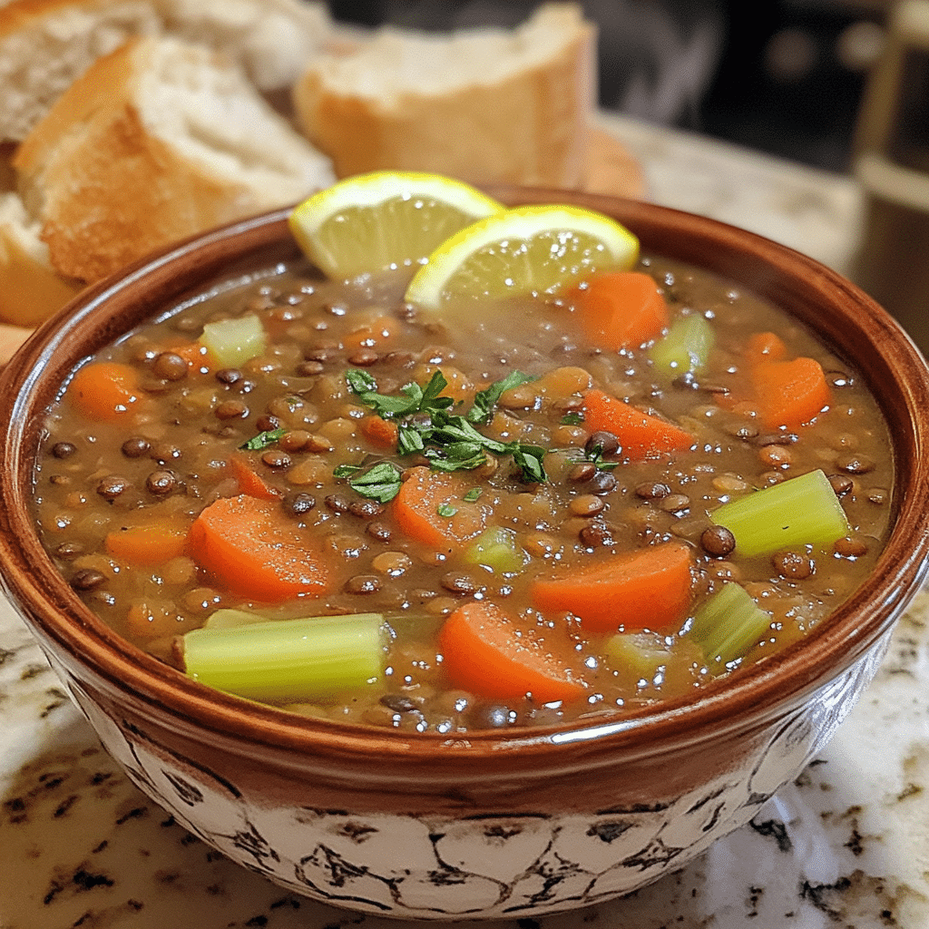 bowl of lentil soup with carrots celery herbs and lemon wedges