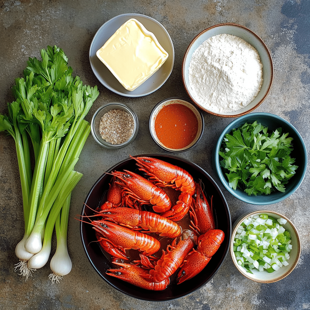 Overhead layout of ingredients for crawfish étouffée including crawfish, vegetables, butter, flour, and seasonings