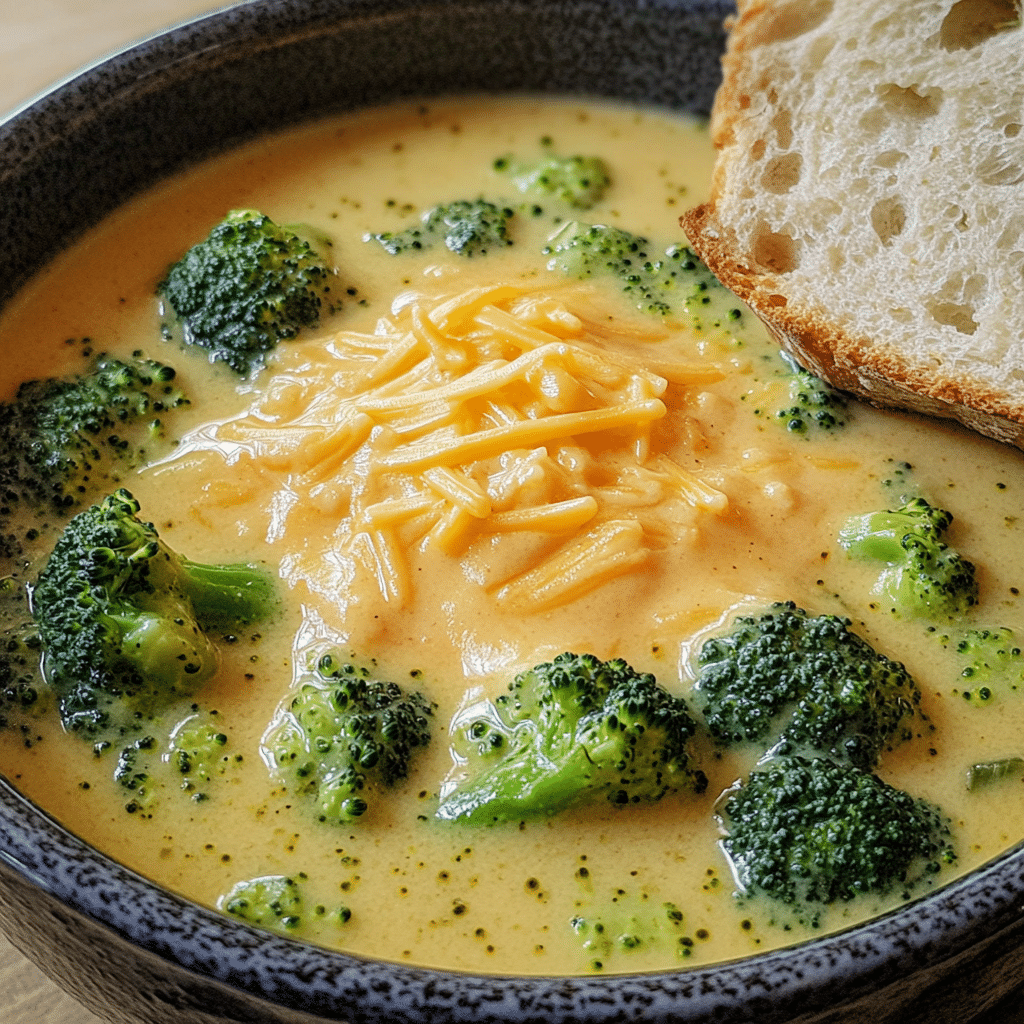 Bowl of broccoli cheddar soup with broccoli pieces and melted cheddar