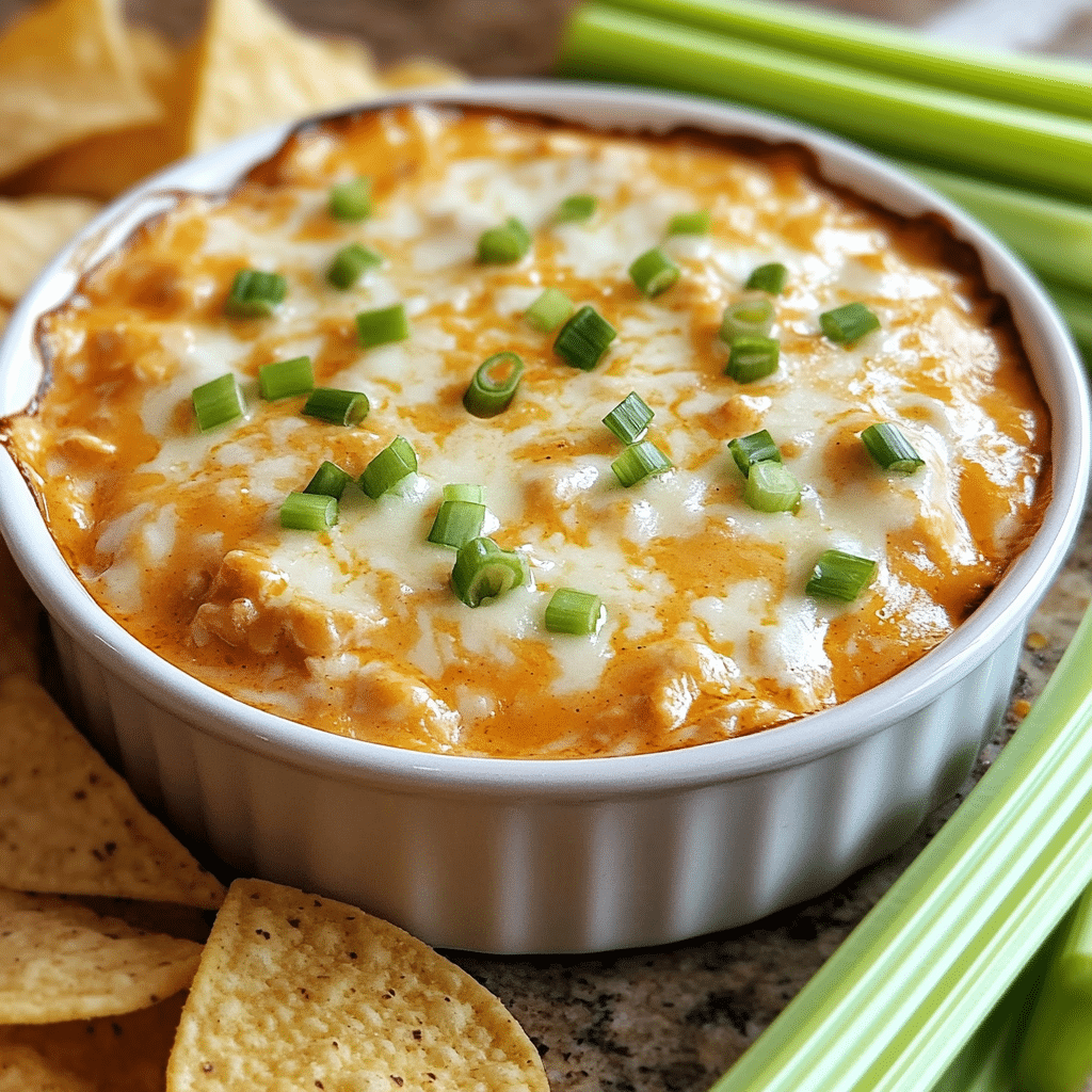 Buffalo chicken dip with melted cheese and green onions