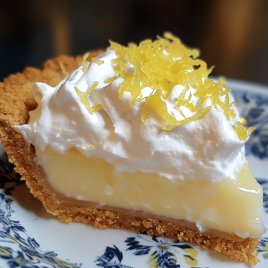 Slice of lemon icebox pie with whipped topping and lemon zest